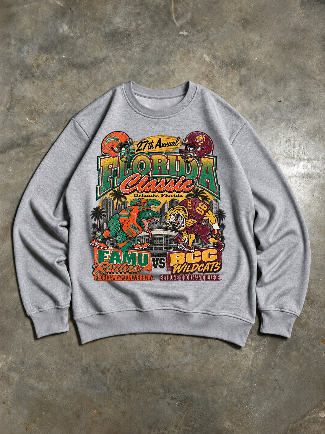 Florida Classic – Felpa vintage college FAMU Rattlers vs BCC Wildcats – Grigio